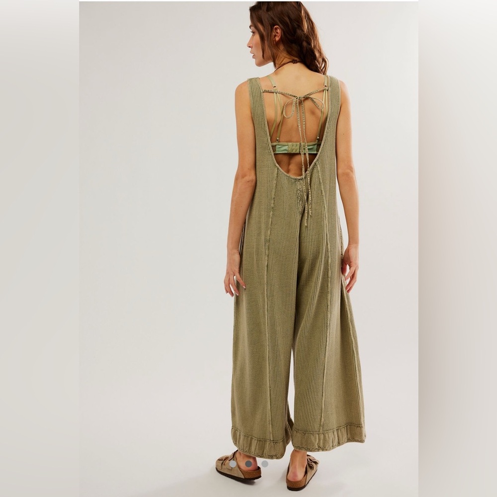 Free People Olive Green Waffle Knit Jumpsuit - Picture 2 of 6